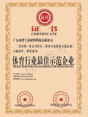 水澤士-體育行業(yè)最佳示范企業(yè)證書(shū)